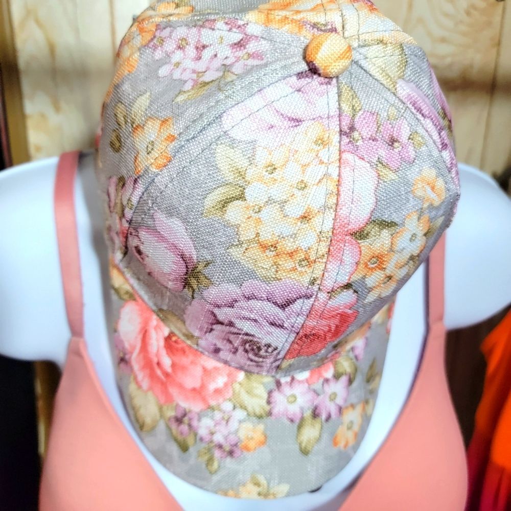 Floral Printed Baseball Cap - Pink & Cream